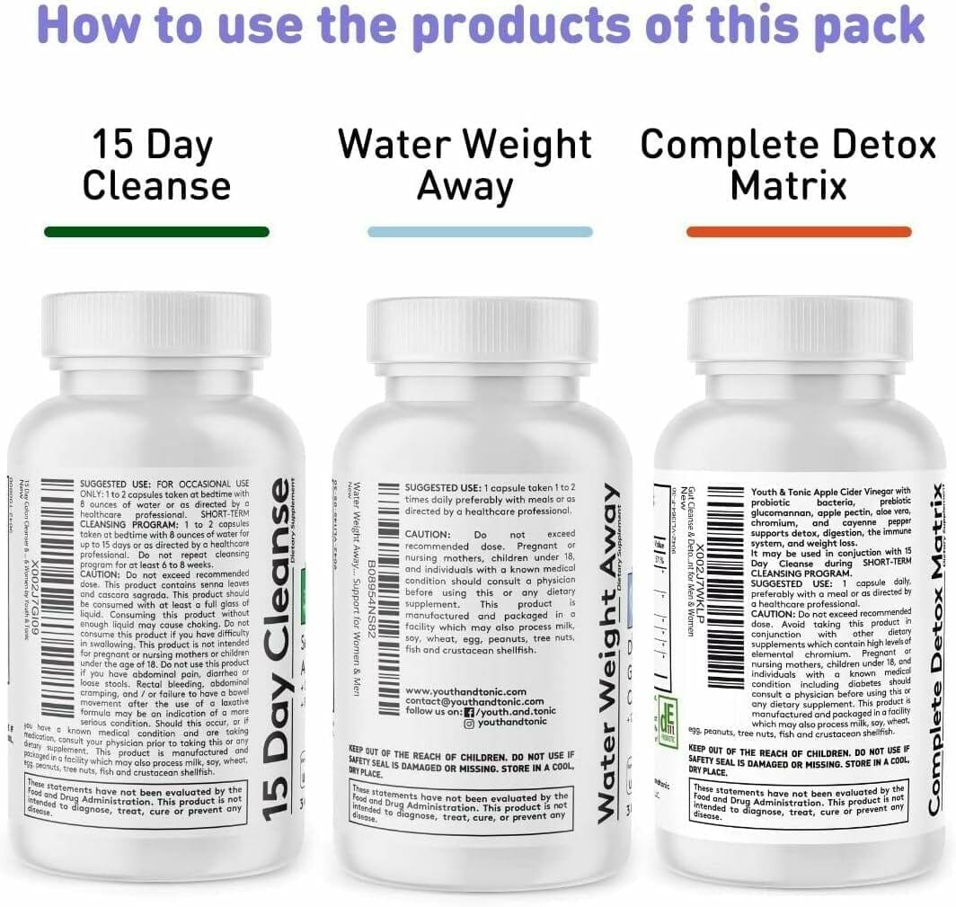 3pk Detox Cleanse Kick Off Weight Management | Colon Cleanser + Water Loss Pills w Dandelion + ACV Full Body Detox + Probiotics | Flat Stomach  Waist Line Reduction|Restart Metabolism Bloating Relief