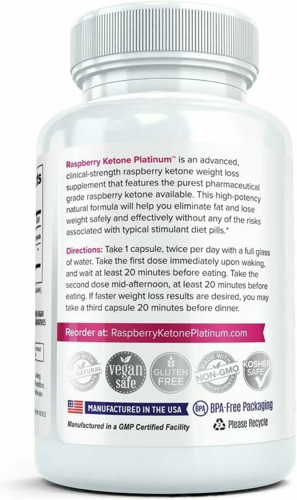 Raspberry Ketone Platinum Weight Loss Pills and Fat Burner | Natural, Pure, Extra Strength Metabolism Booster and Appetite Suppressant to Melt Away Belly Fat | 2 Bottles, 60 Vegetarian Capsules Each
