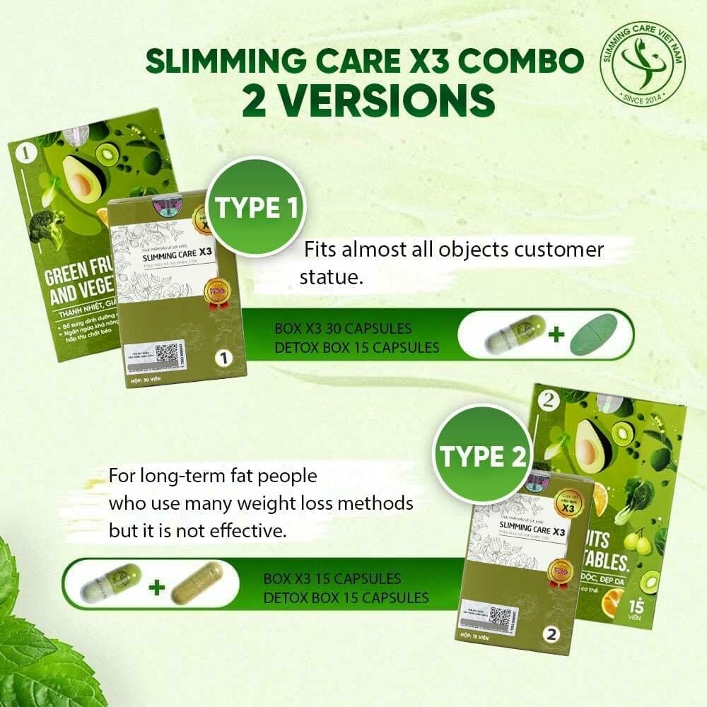 Slimming Care X3 Newest Version Type 2 for People Who Difficult to Lose Weight (15pills/Box) + Free Vegetable Detox (15pills/Pack)