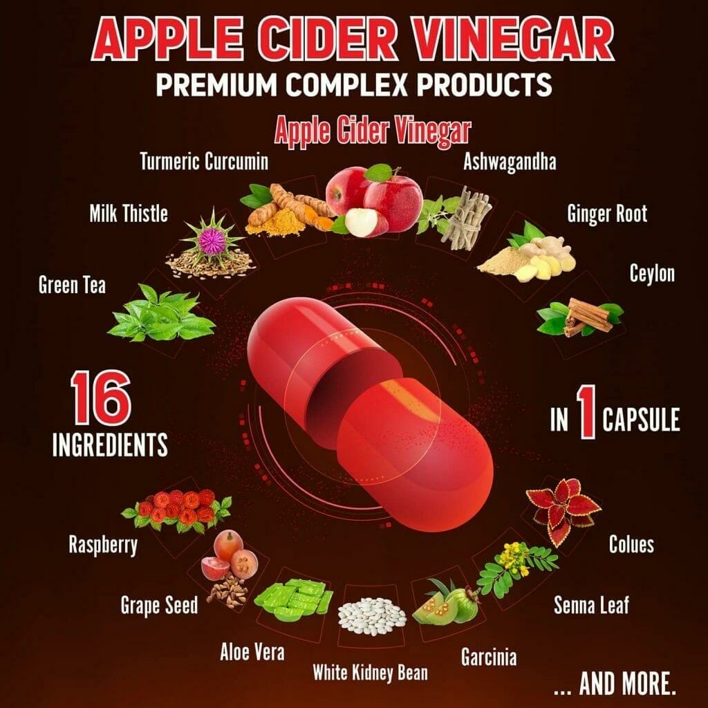 16 in 1 Apple Cider Vinegar Capsules, Equivalent to 14500mg, with Turmeric, Cinnamon, Milk Thistle, Garcinia Cambogia, Quercetin, Best Supplement for Keto, Detox  Weight Management (120 Capsules)