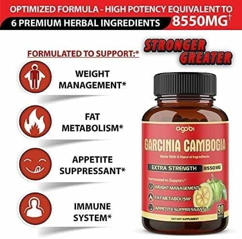 agobi Pure Garcinia Cambogia Capsules 8550mg - 6in1 with Green Tea, Arjuna, Garlic Bulb, Turmeric  Black Pepper - Weight Support Supplement - Appetite Suppressant - 90 Counts