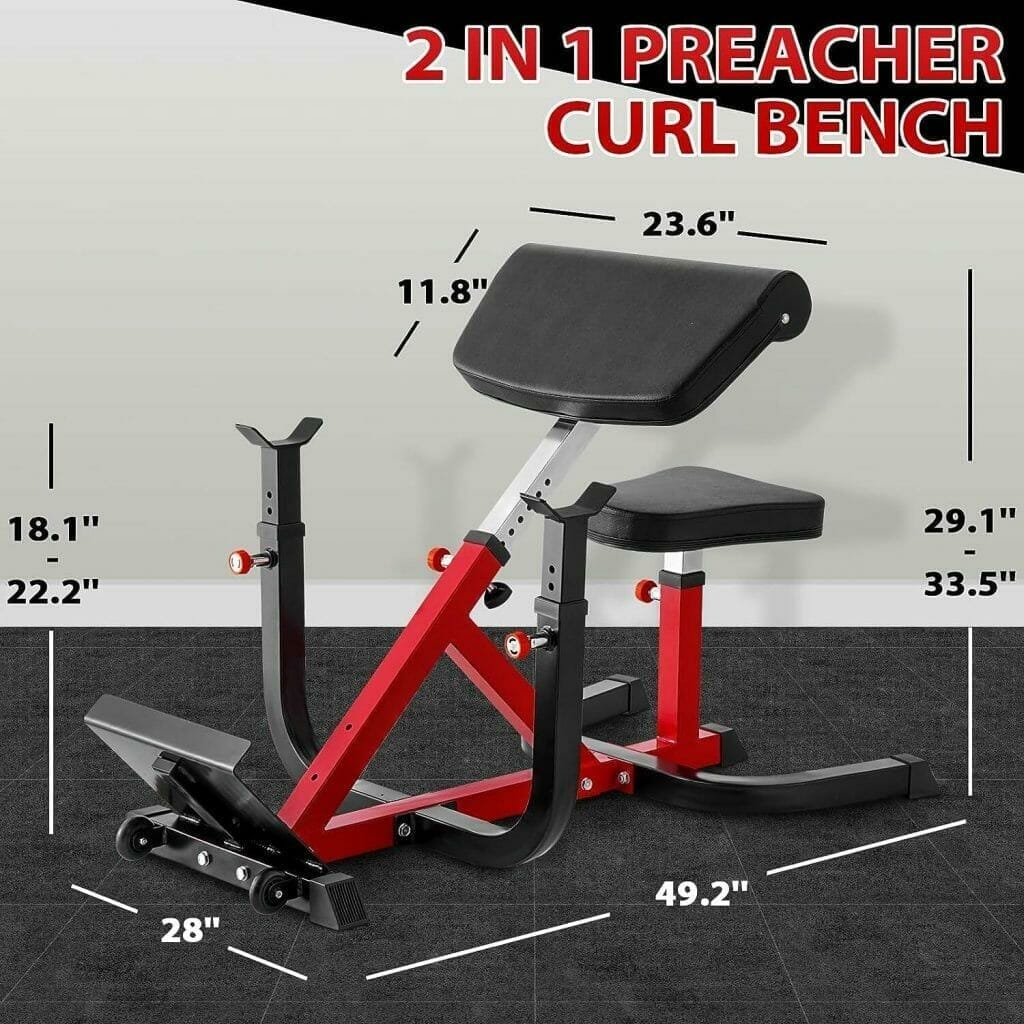 ER KANG Adjustable Preacher Curl Bench, Strength Training Biceps Bench, Gym Quality Seated Bench with Moving Wheels