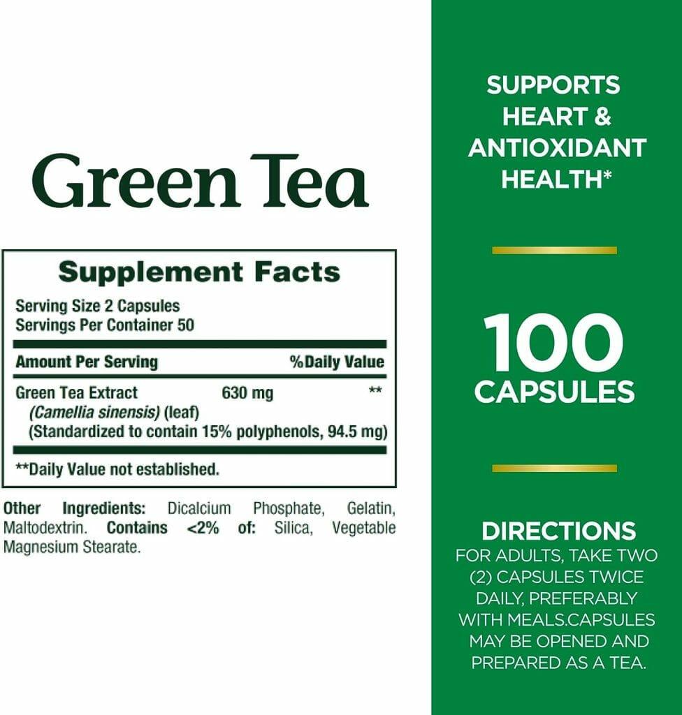 Natures Bounty Green Tea Pills and Herbal Health Supplement, Supports Heart and Antioxidant Health, 315mg, 100 Capsules
