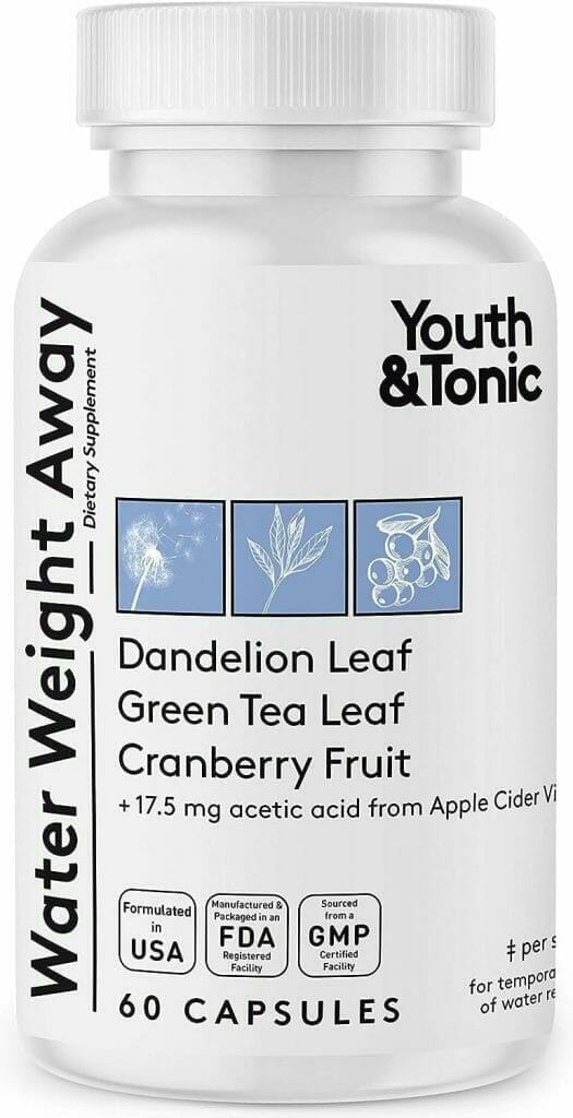 Youth  Tonic Natural Water Weight Away Pills for Belly Bloating Swelling  Water Retention - Herbal Diuretic Supplement for Women  Men - 60 Capsules with Potassium Caffeine Free